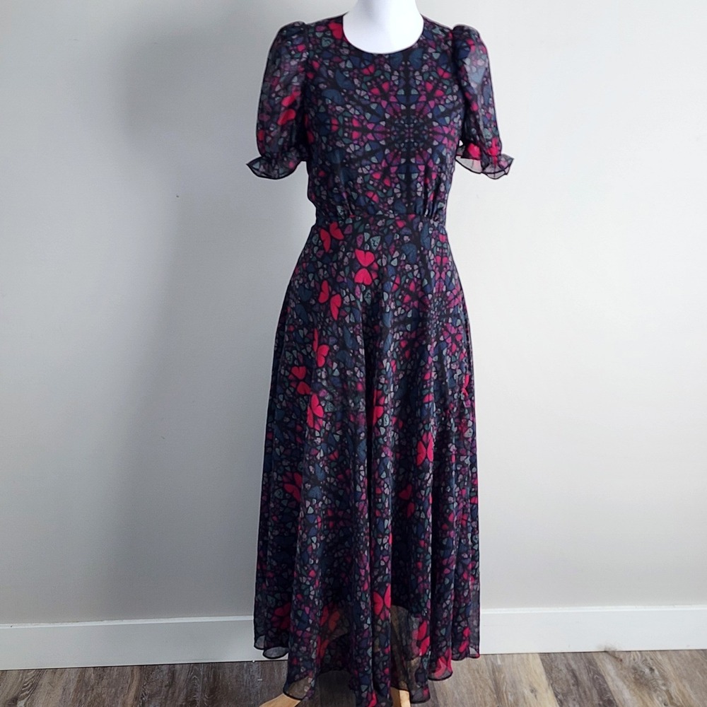 Ted Baker Butterfly Print Maxi Dress Womens XS Black Pink Chiffon Puff Sleeve